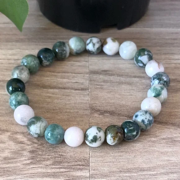 Tree Agate Natural Stone Beads Stretchable Bracelet 7" - 8mm Beads Best Gift - Picture 2 of 2